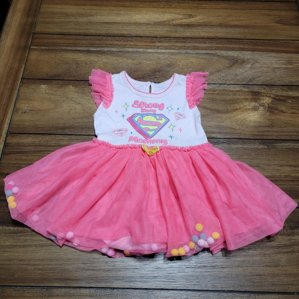 Supergirl Pink Infant Dress w/ Tulle Skirt "Strong Like Mommy" - Size 18M